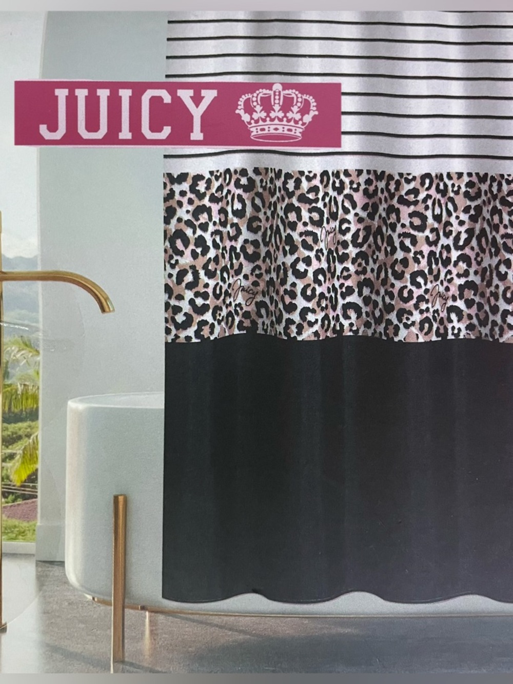 Juicy Couture Shower Curtain Stripes Leopard Solid Black Cream Tan 72x72 NEW NWT